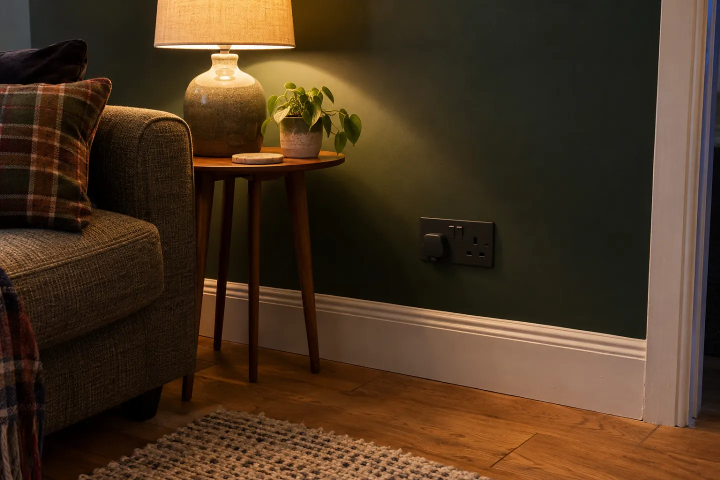 A matt black double socket on a dark green living room wall with a lamp plugged in