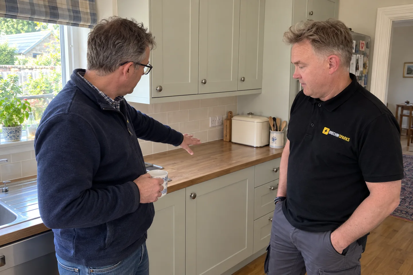 James discussing a planned kitchen appliance with a homeowner