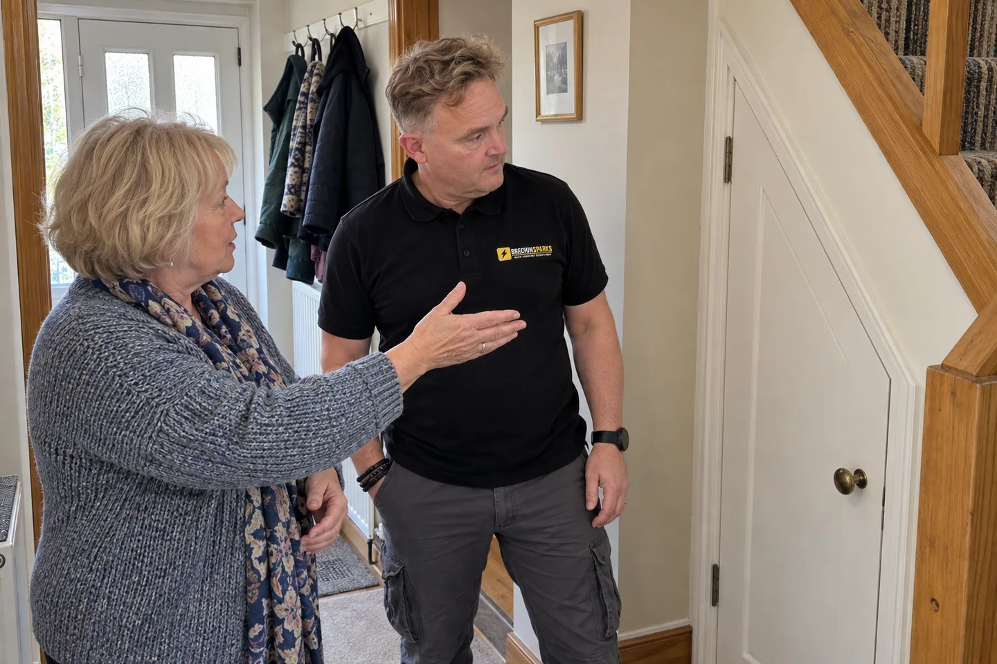 James listening to a homeowner beside a closed under-stairs cupboard