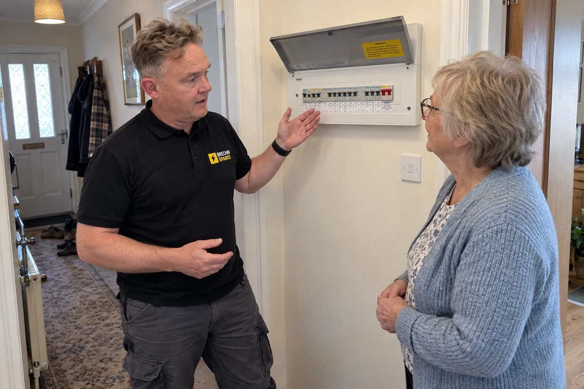 James explaining a consumer unit to an older homeowner