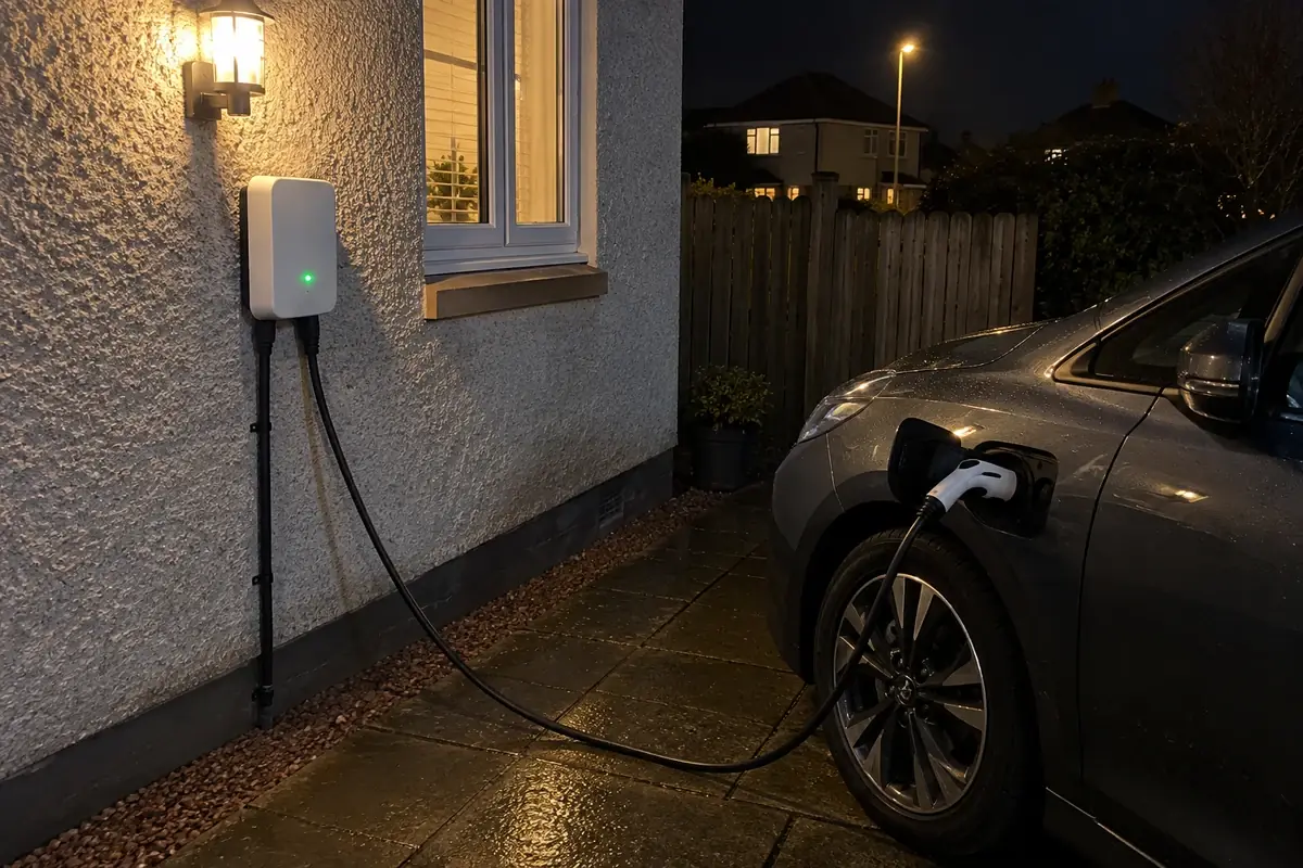 An electric car charging at night on a Scottish driveway