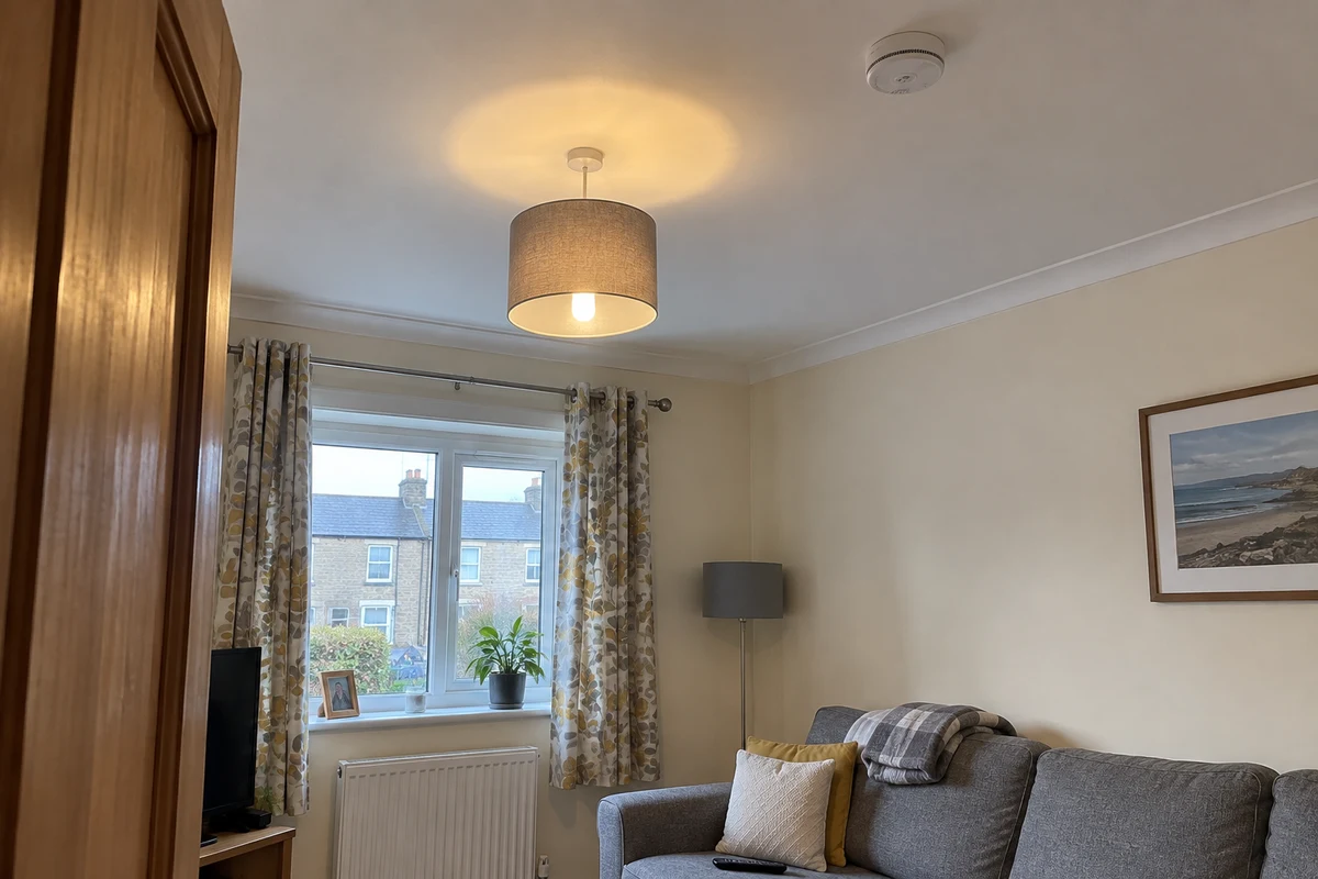 Pendant light and ceiling smoke alarm in a Scottish home's living room