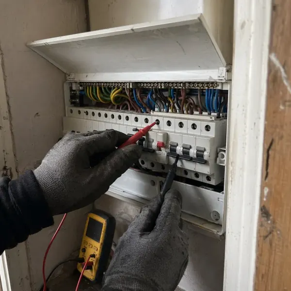An older consumer unit opened up and being tested with a multimeter