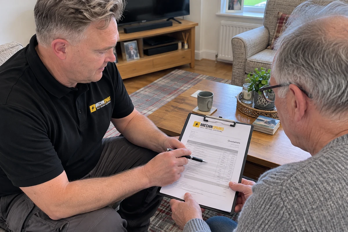 James and a homeowner reviewing the proposed electrical work together