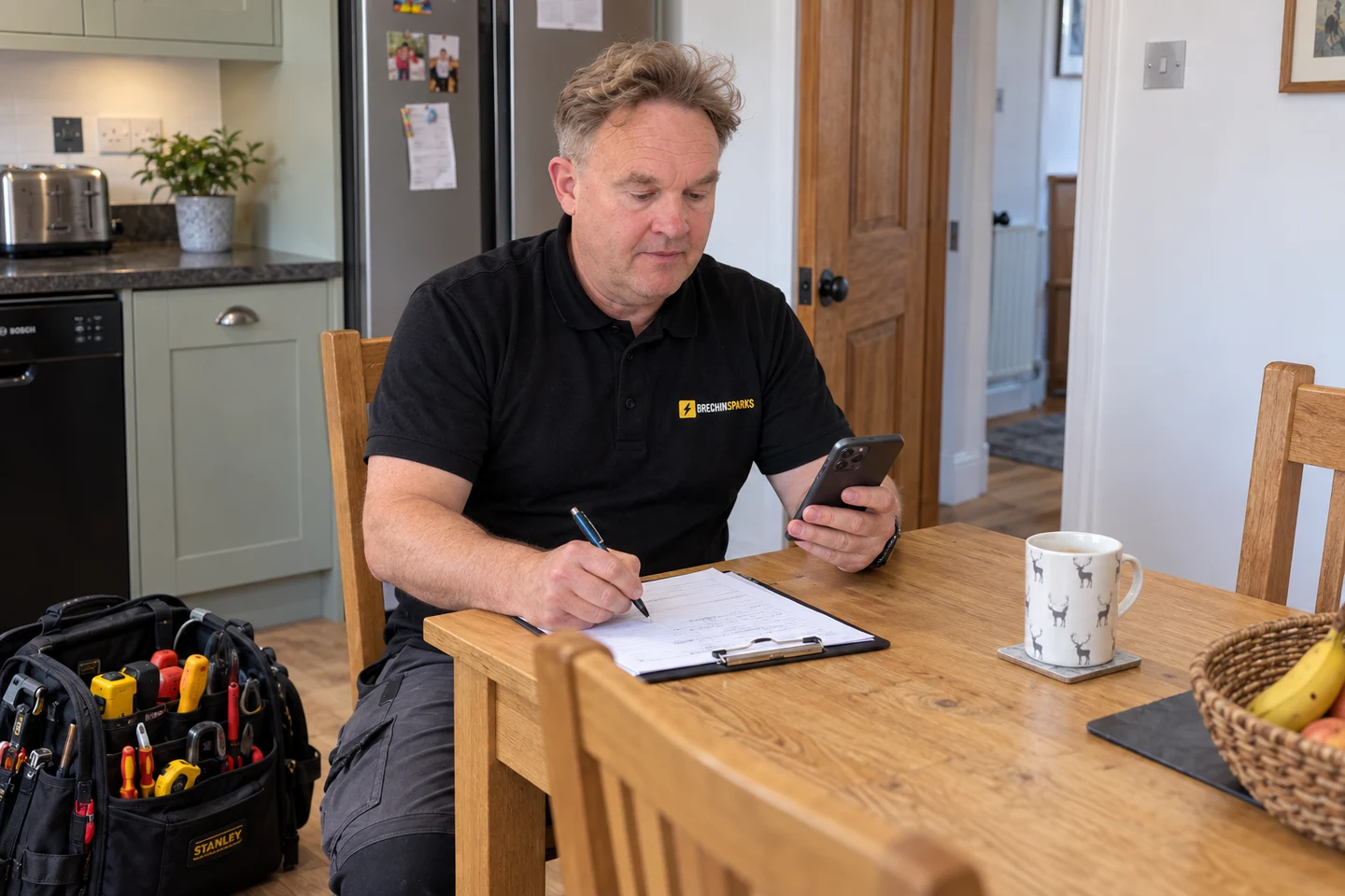 James reviewing notes and a phone at a kitchen table
