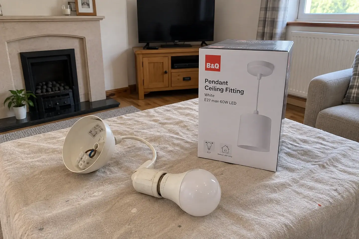 Old pendant fitting beside a boxed replacement light