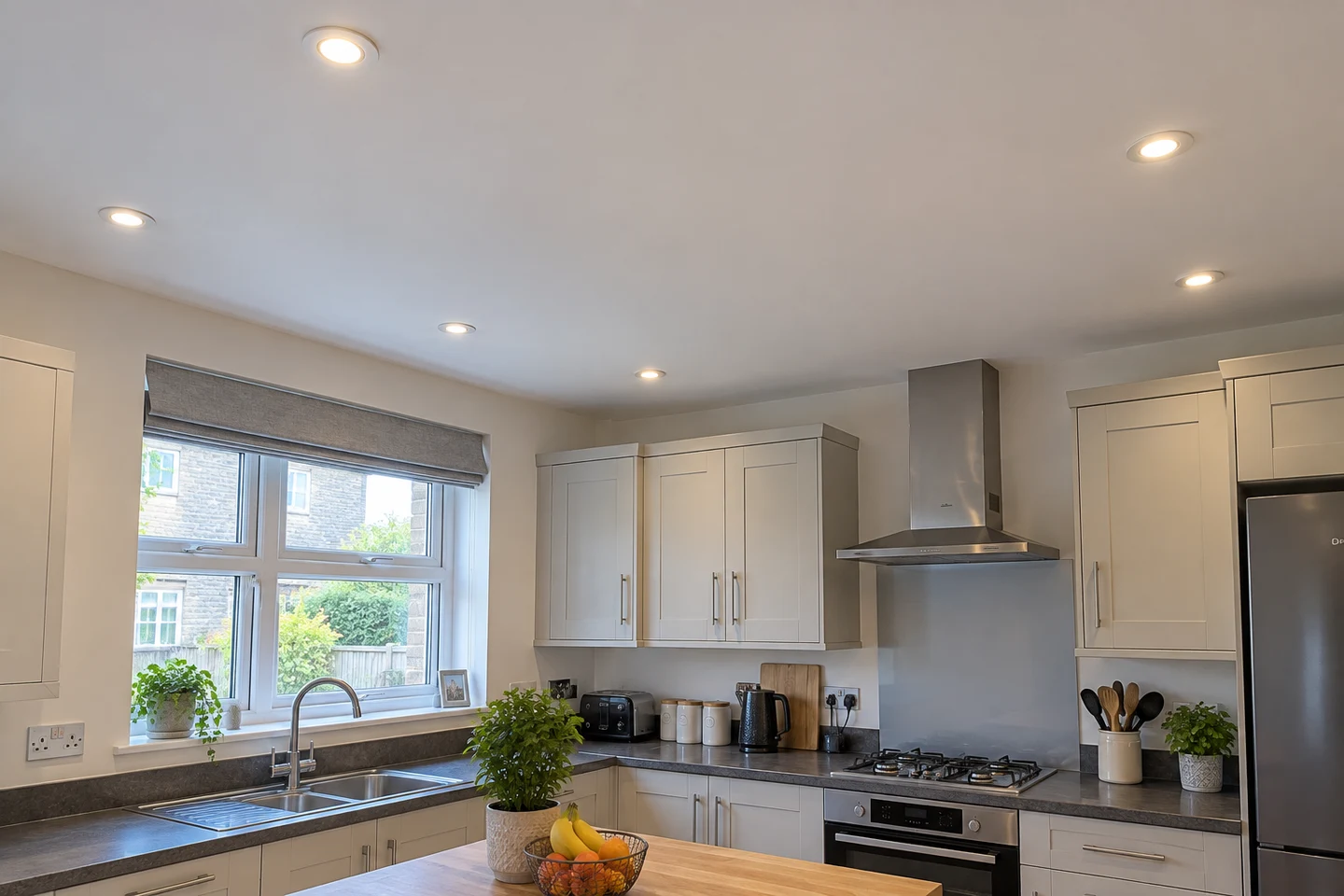 recessed LED downlights lit in a finished kitchen ceiling