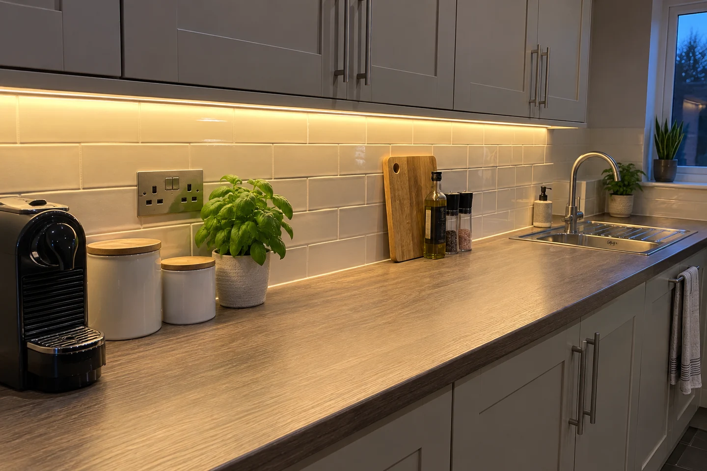 under-cabinet LED strip lighting in a kitchen