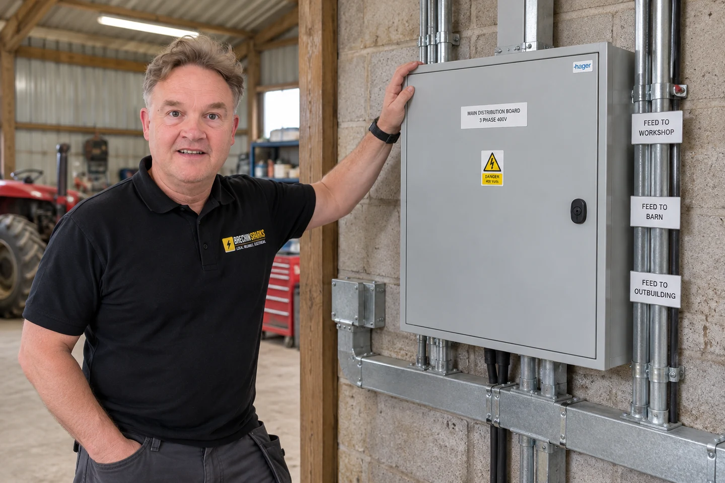 James beside a closed electrical cabinet in a workshop