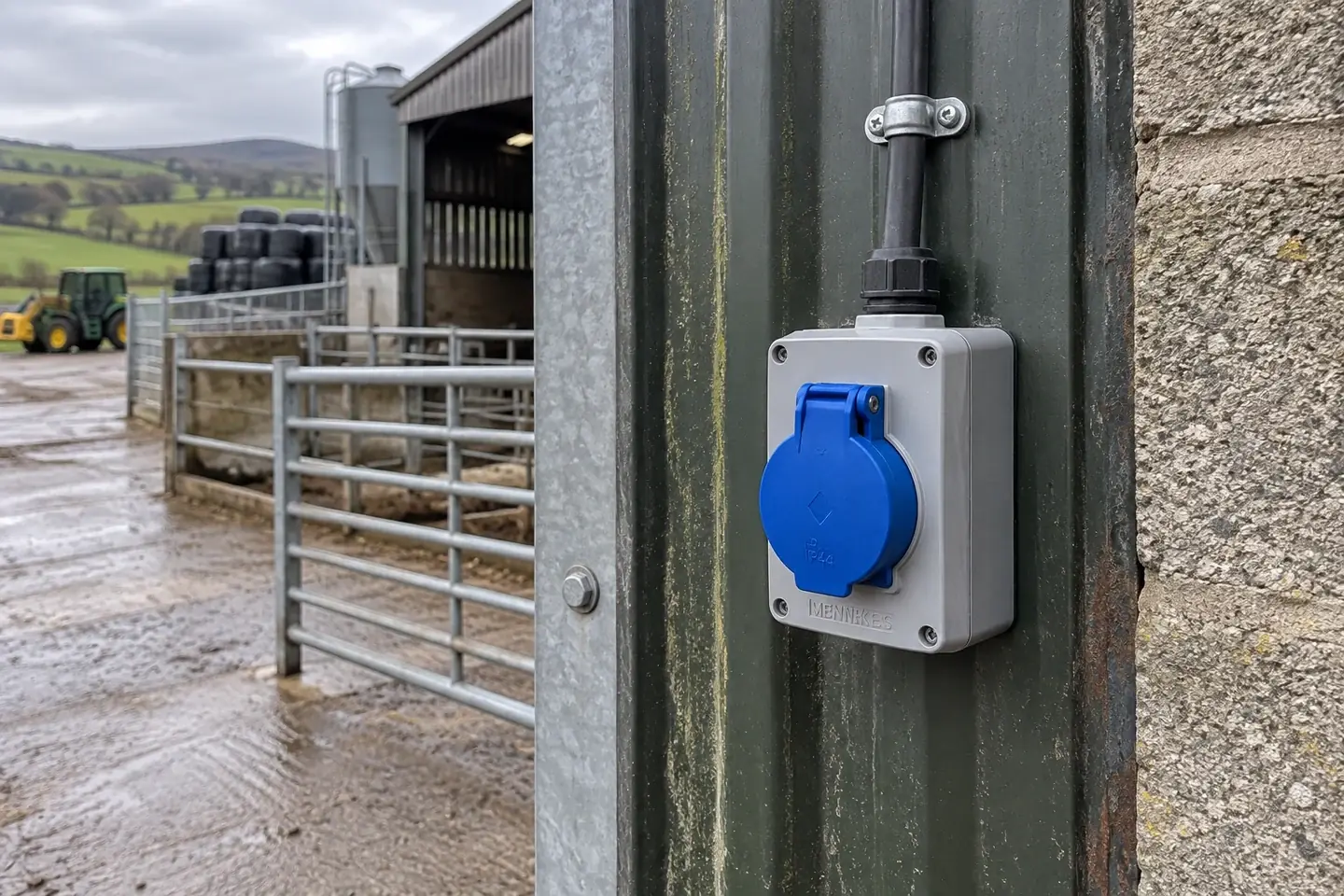 Weatherproof covered socket at a farm building