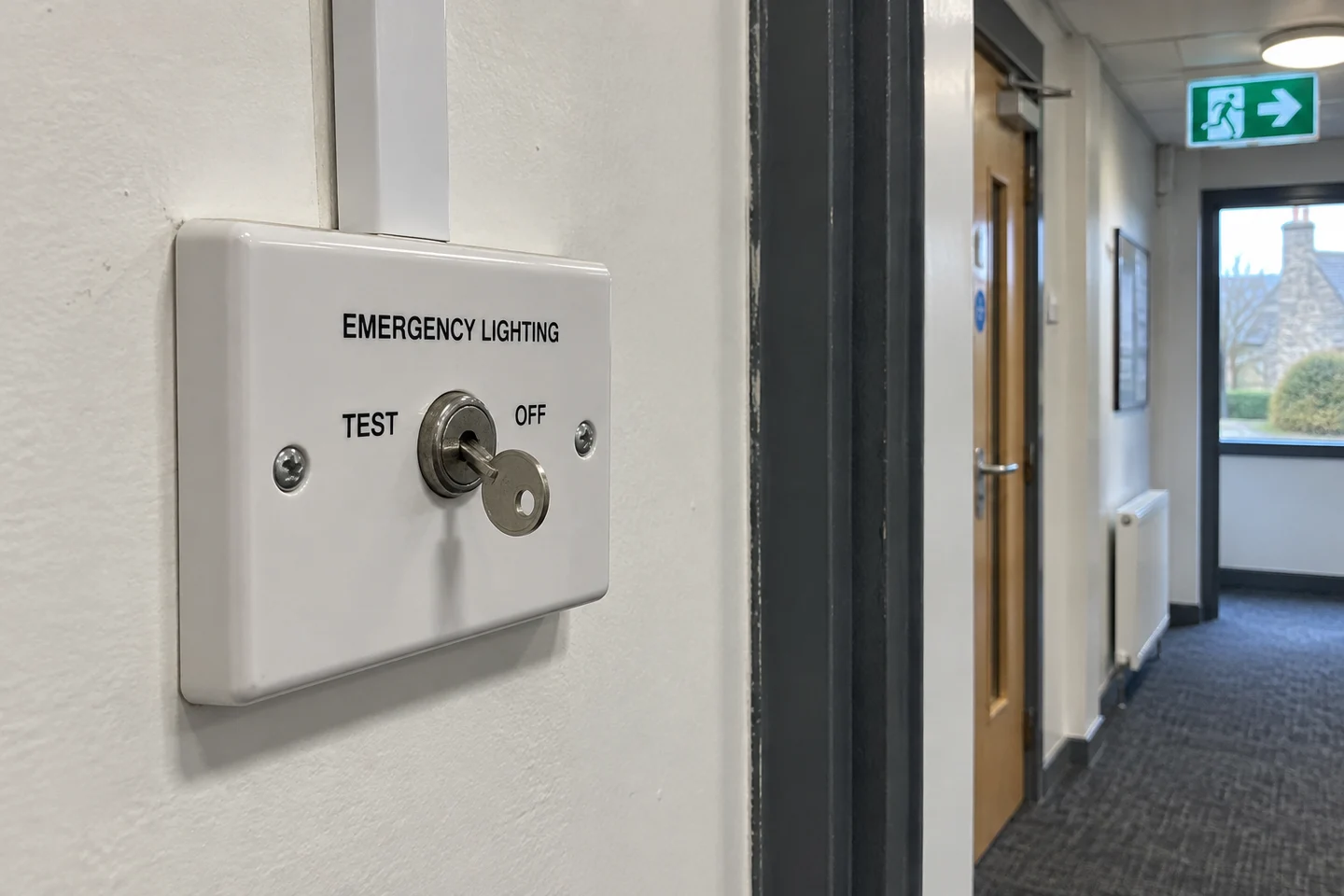 Emergency lighting key switch in a commercial hallway