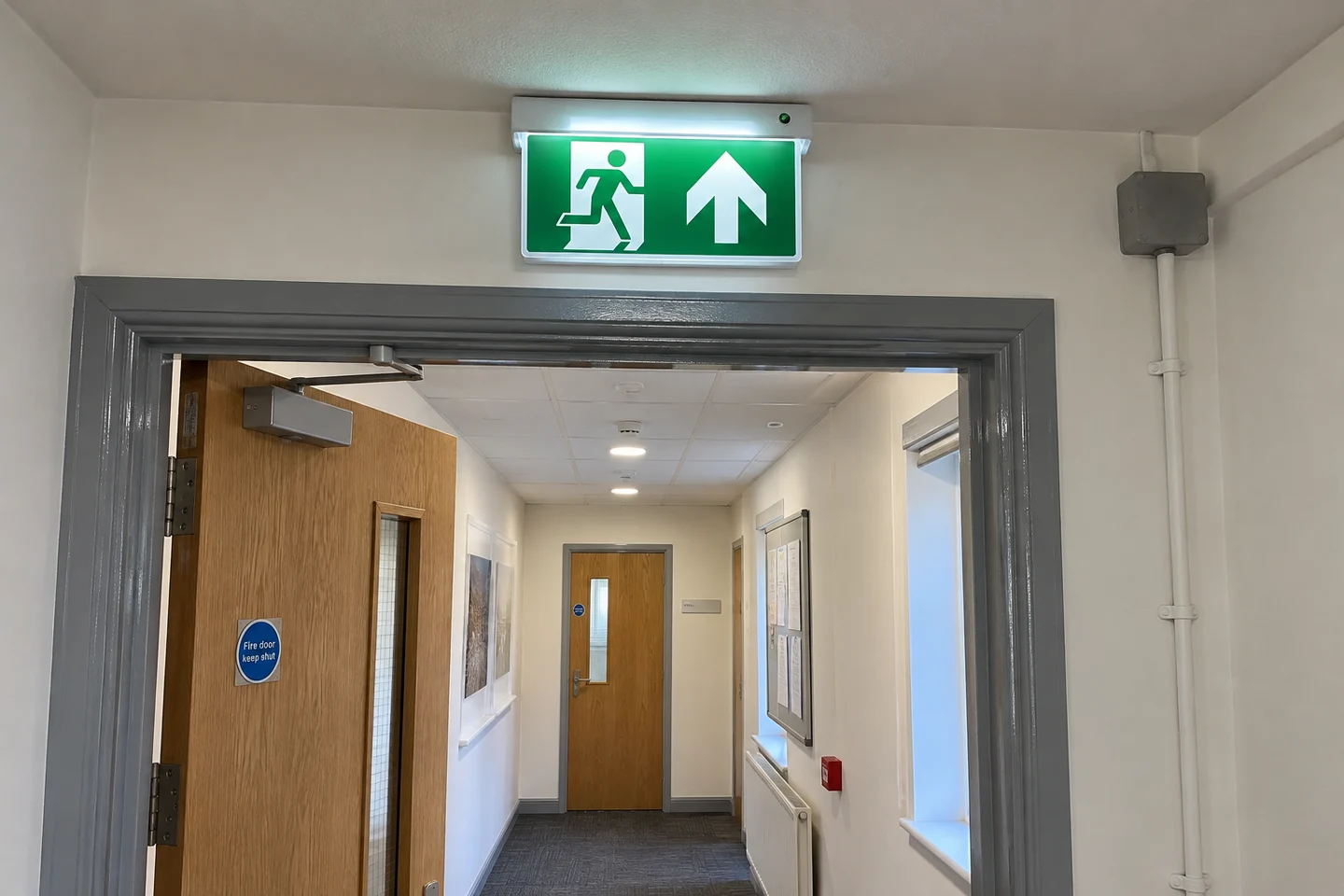 Illuminated exit sign above a commercial doorway