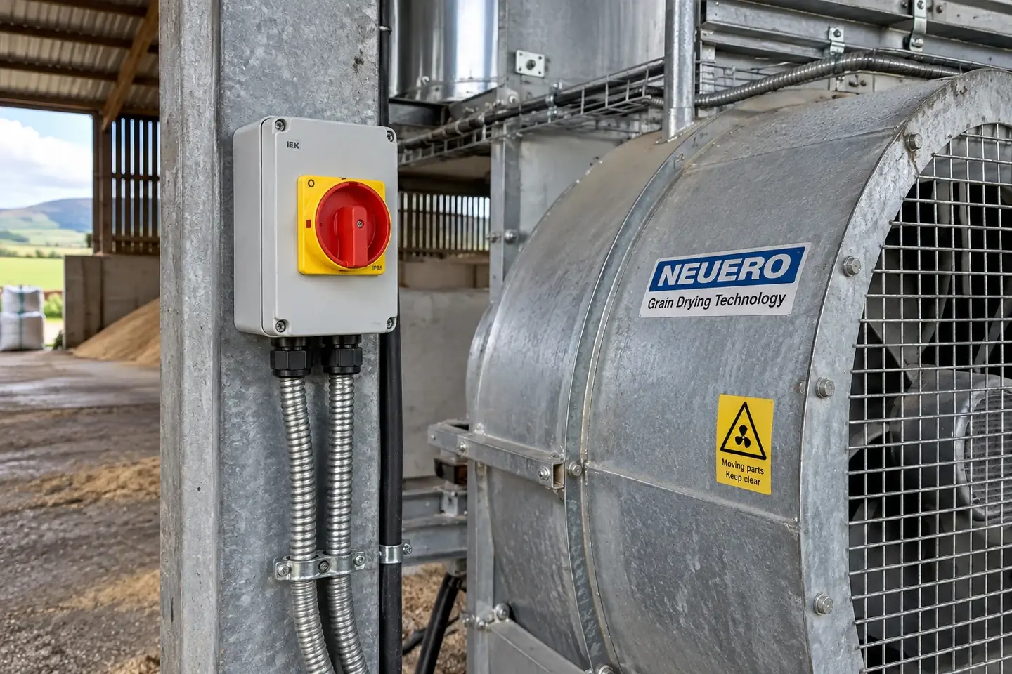 Closed isolator beside a grain-drying fan
