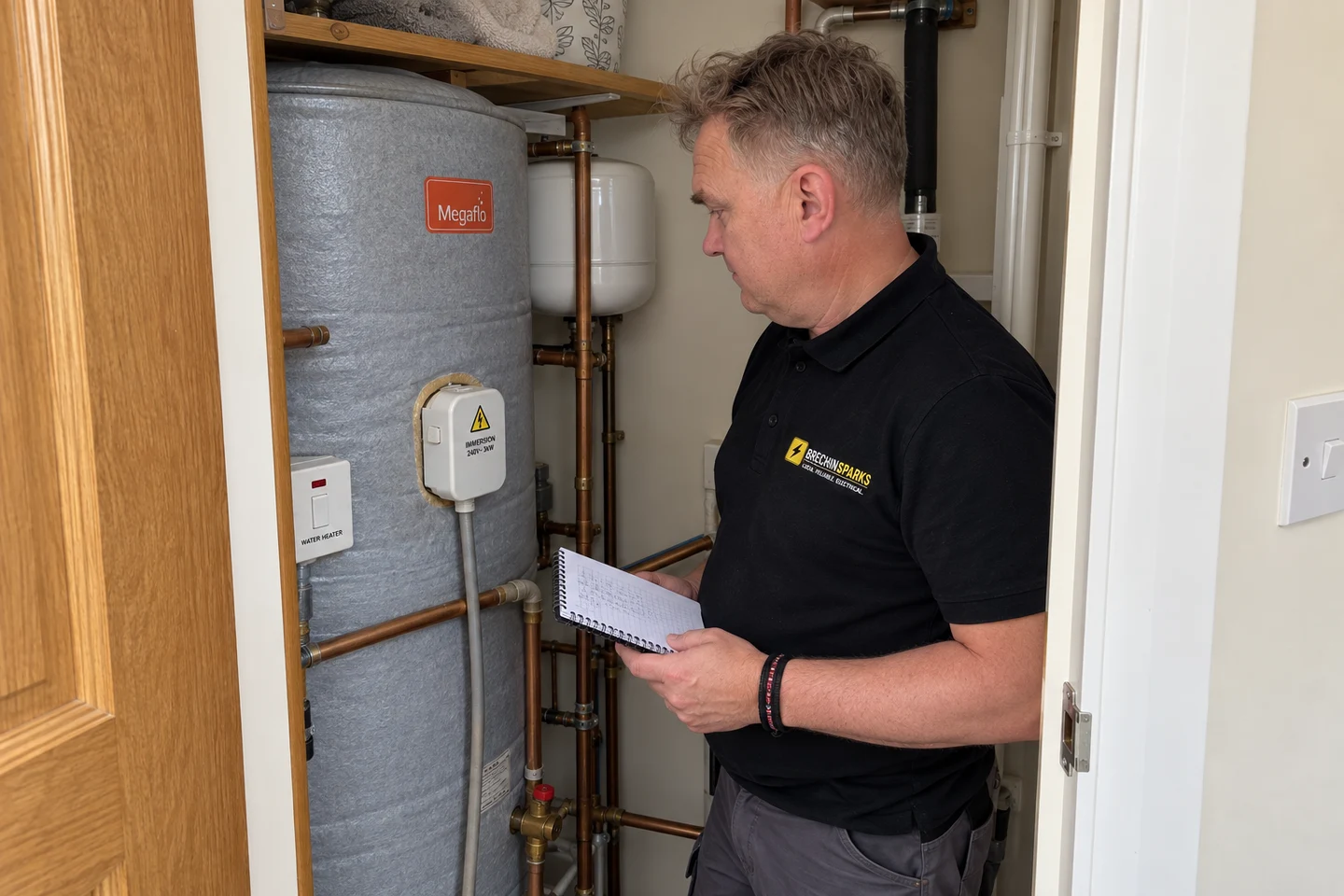 James looking at a closed hot-water cylinder installation with his notebook