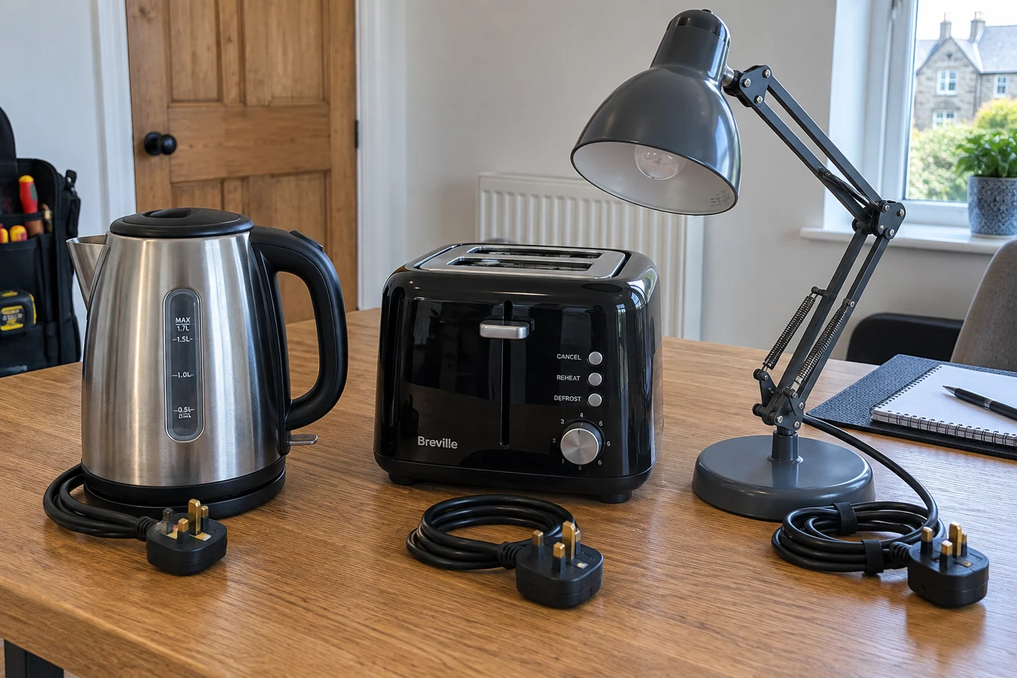 Kettle, toaster and desk lamp set out on a table