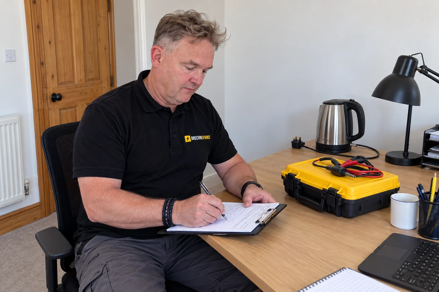 James recording appliance notes at a desk