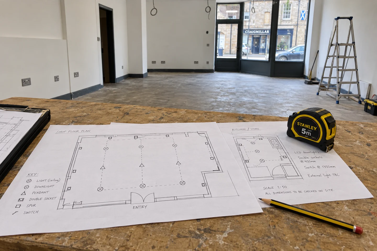 Layout drawings in an empty shop being refurbished