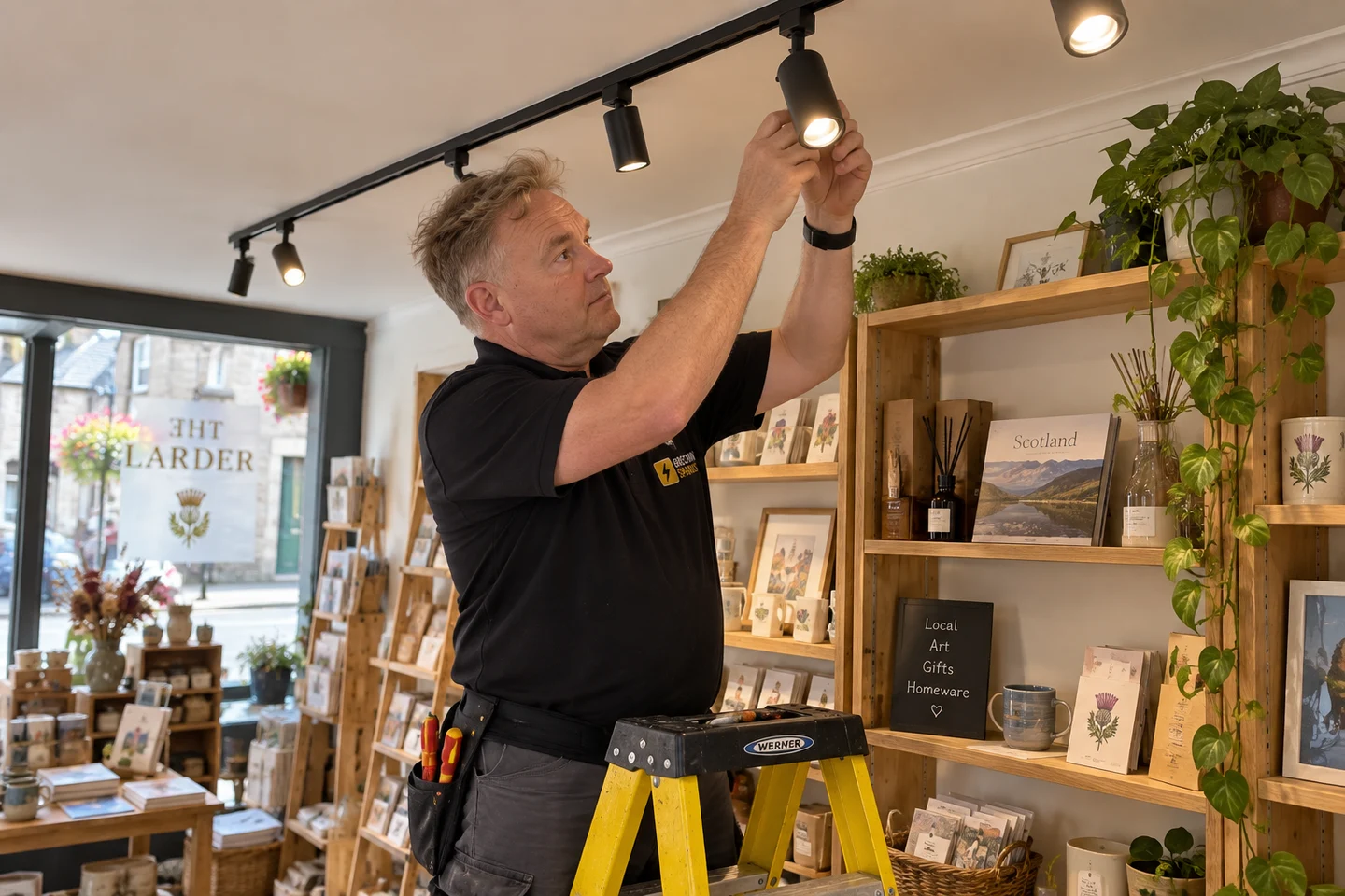 James adjusting finished track lighting in a small shop