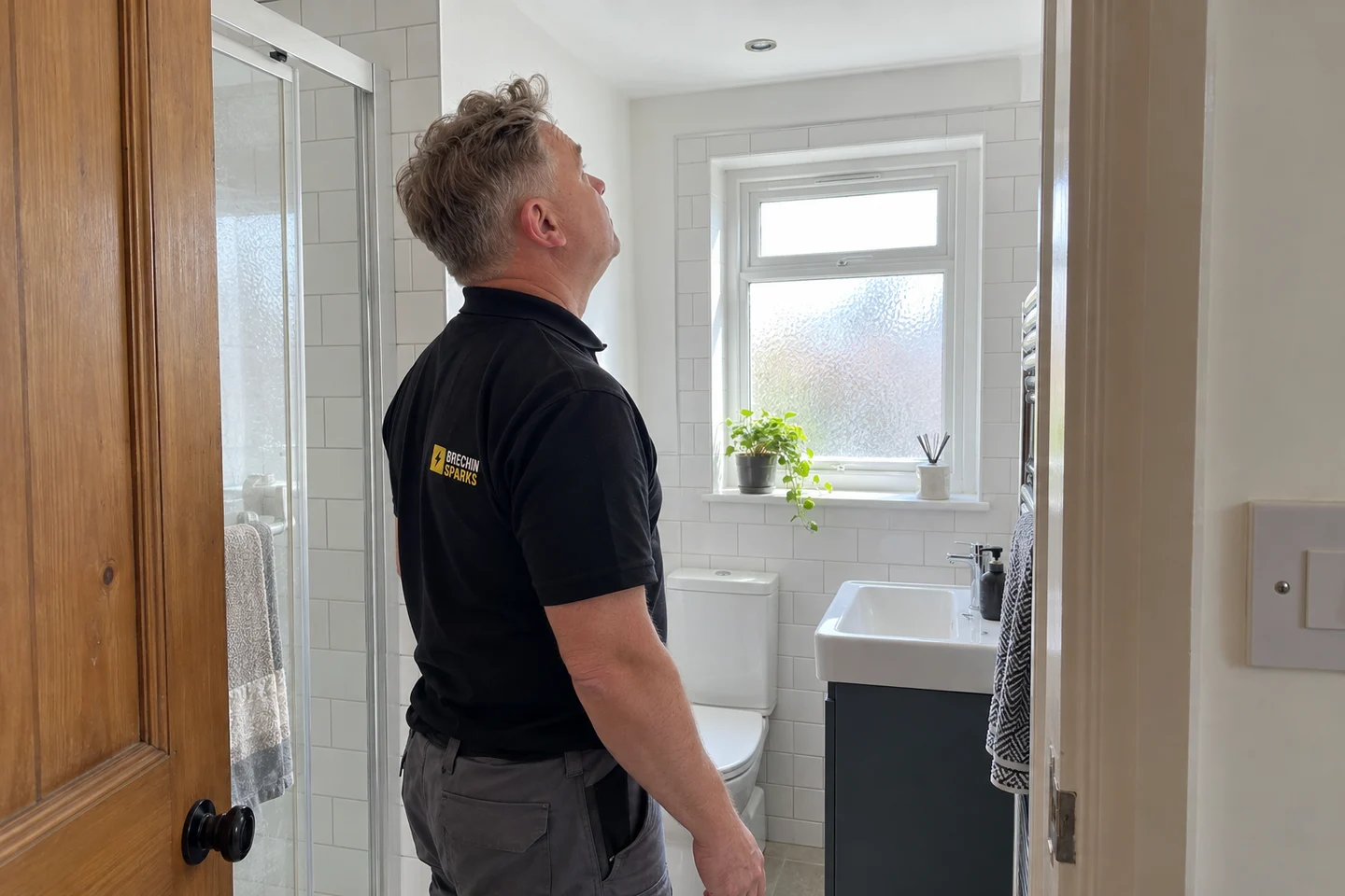 James looking around a finished bathroom