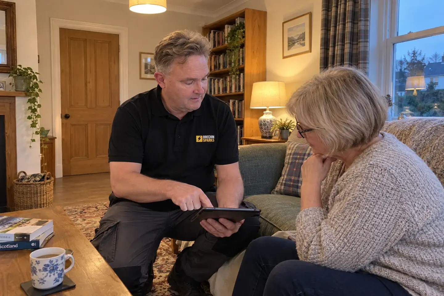 James discussing options with a homeowner in her warmly lit sitting room