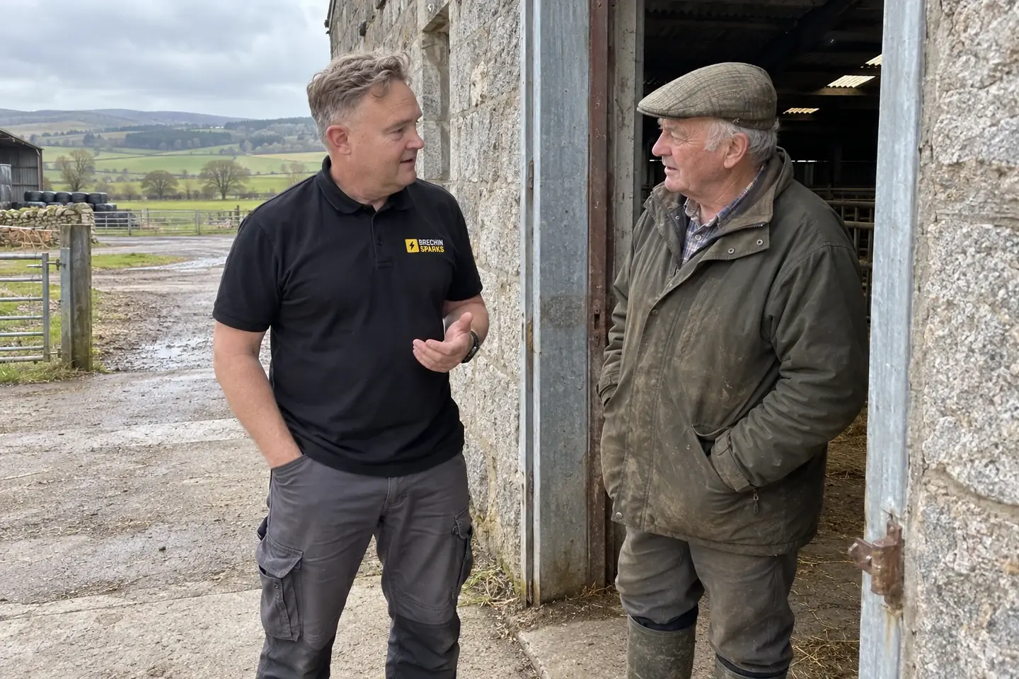 James talking with a farmer outside a farm building
