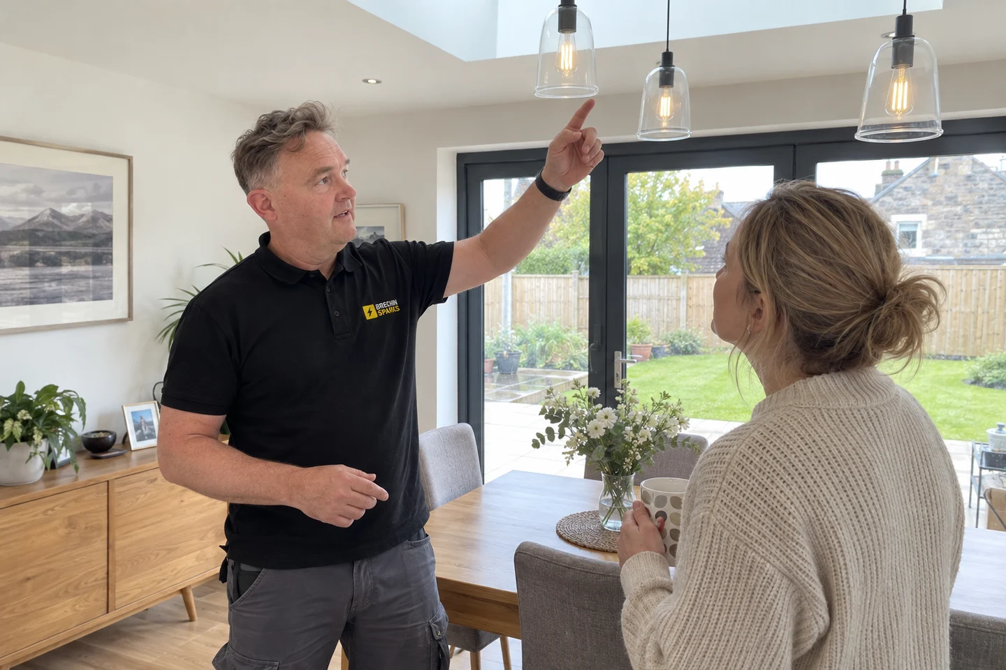 James discussing lighting with a homeowner in a finished extension