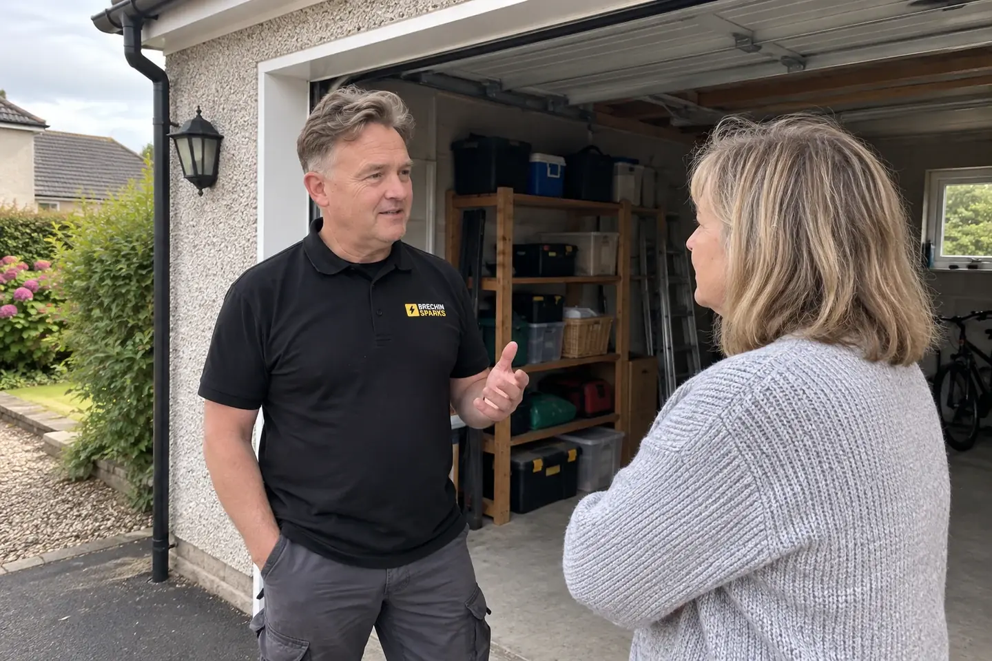 James talking with a homeowner at an open garage