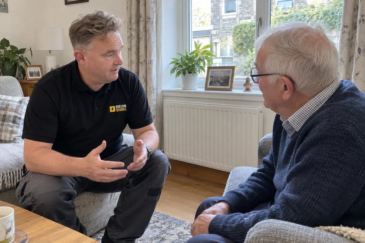 James discussing heating with an older homeowner