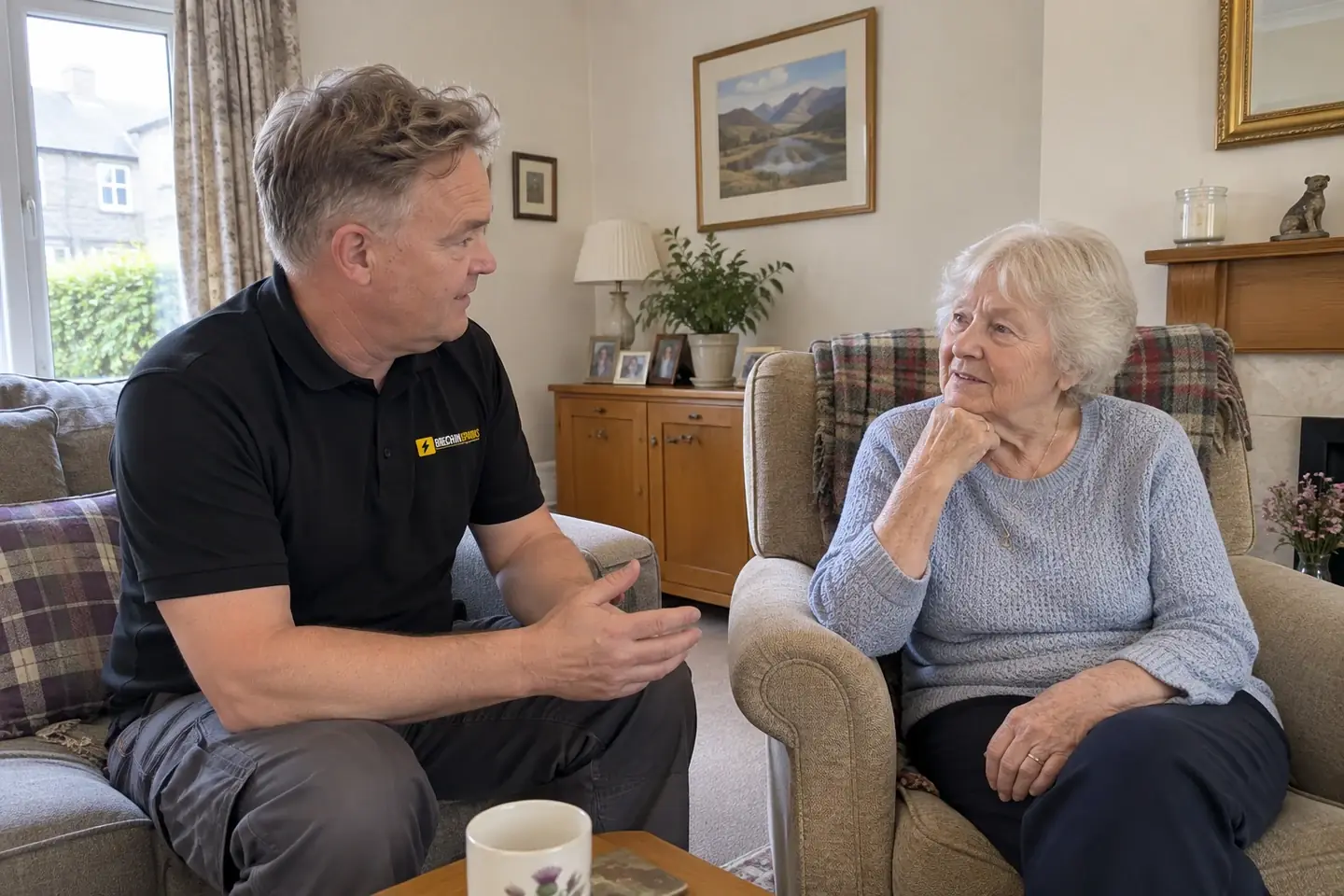 James talking with an older homeowner in her sitting room