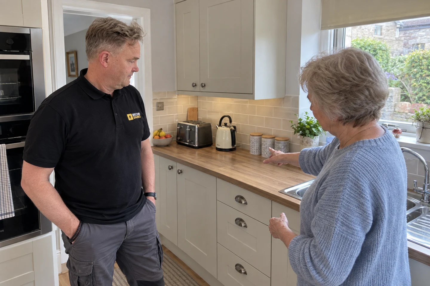 James listening to a homeowner in her kitchen