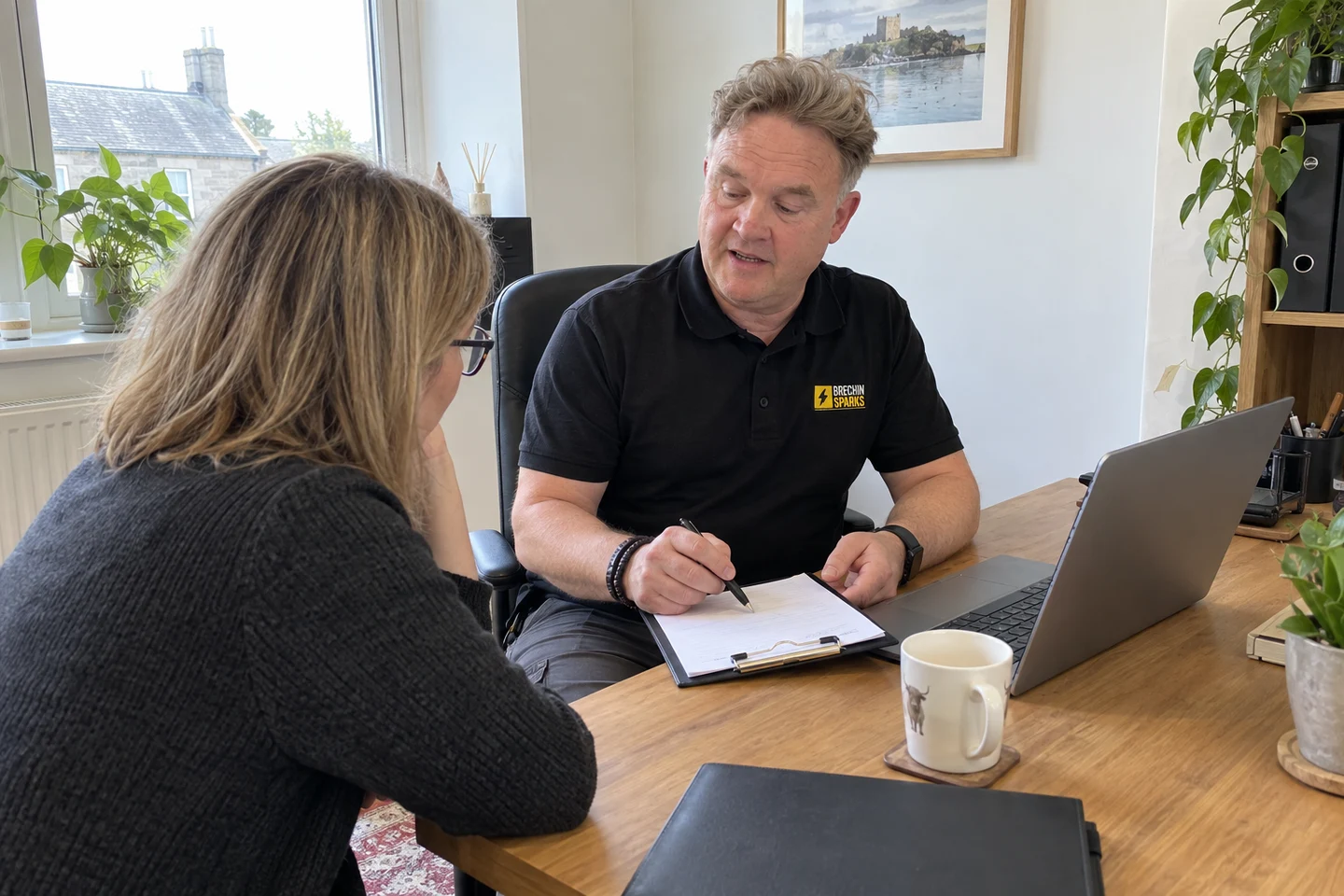 James discussing an inspection with a business owner