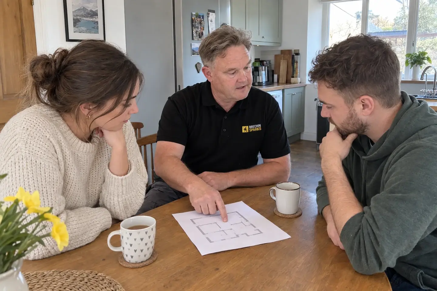 James discussing room plans with a couple at their kitchen table