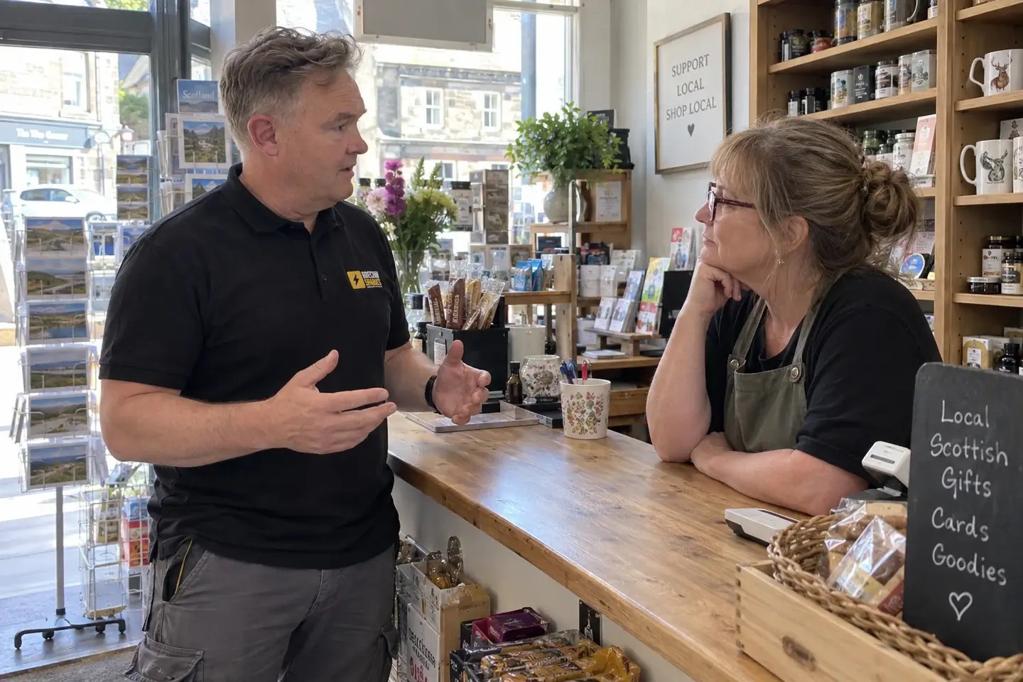 James talking with a small shop owner at the counter