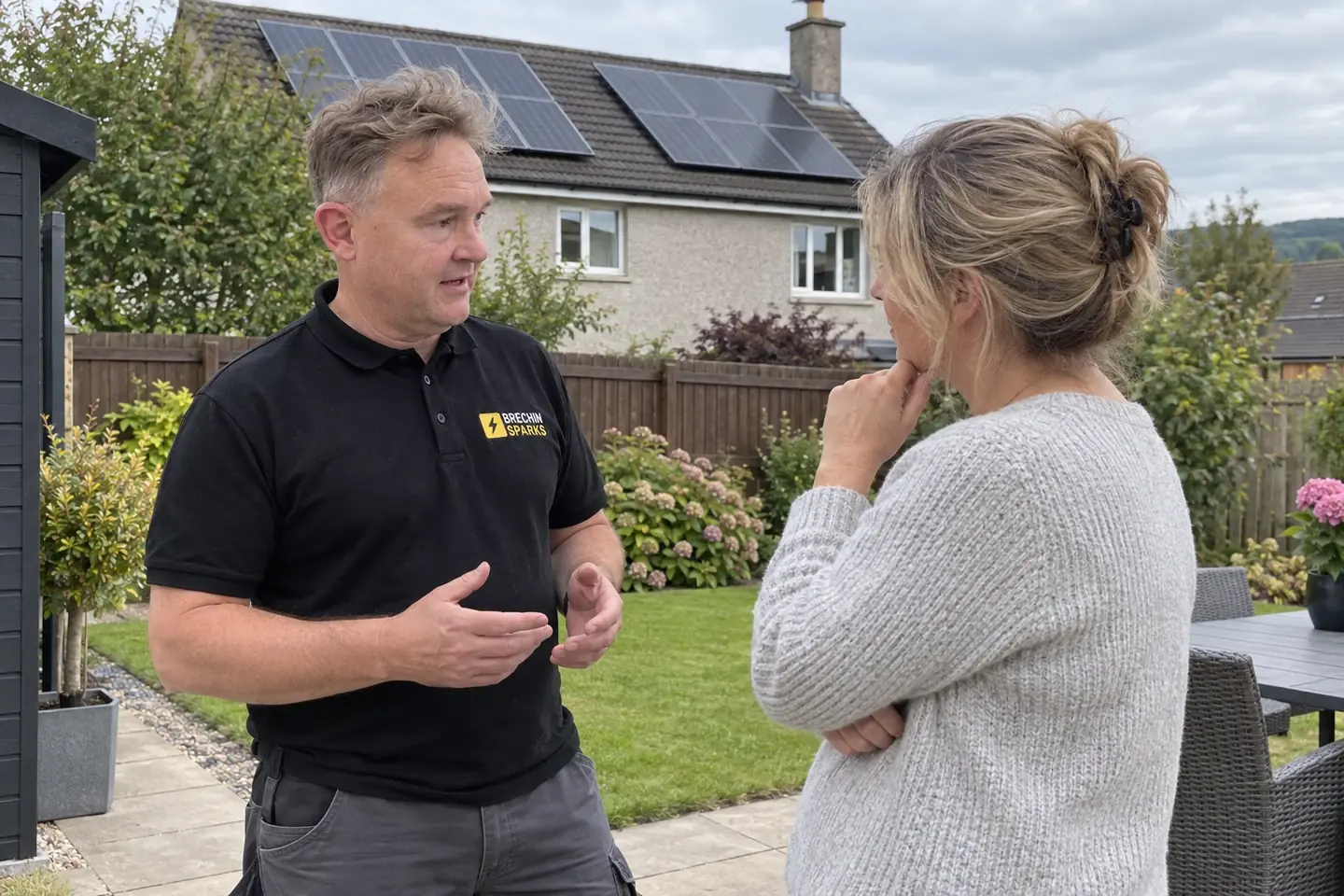 James and a homeowner discussing rooftop solar