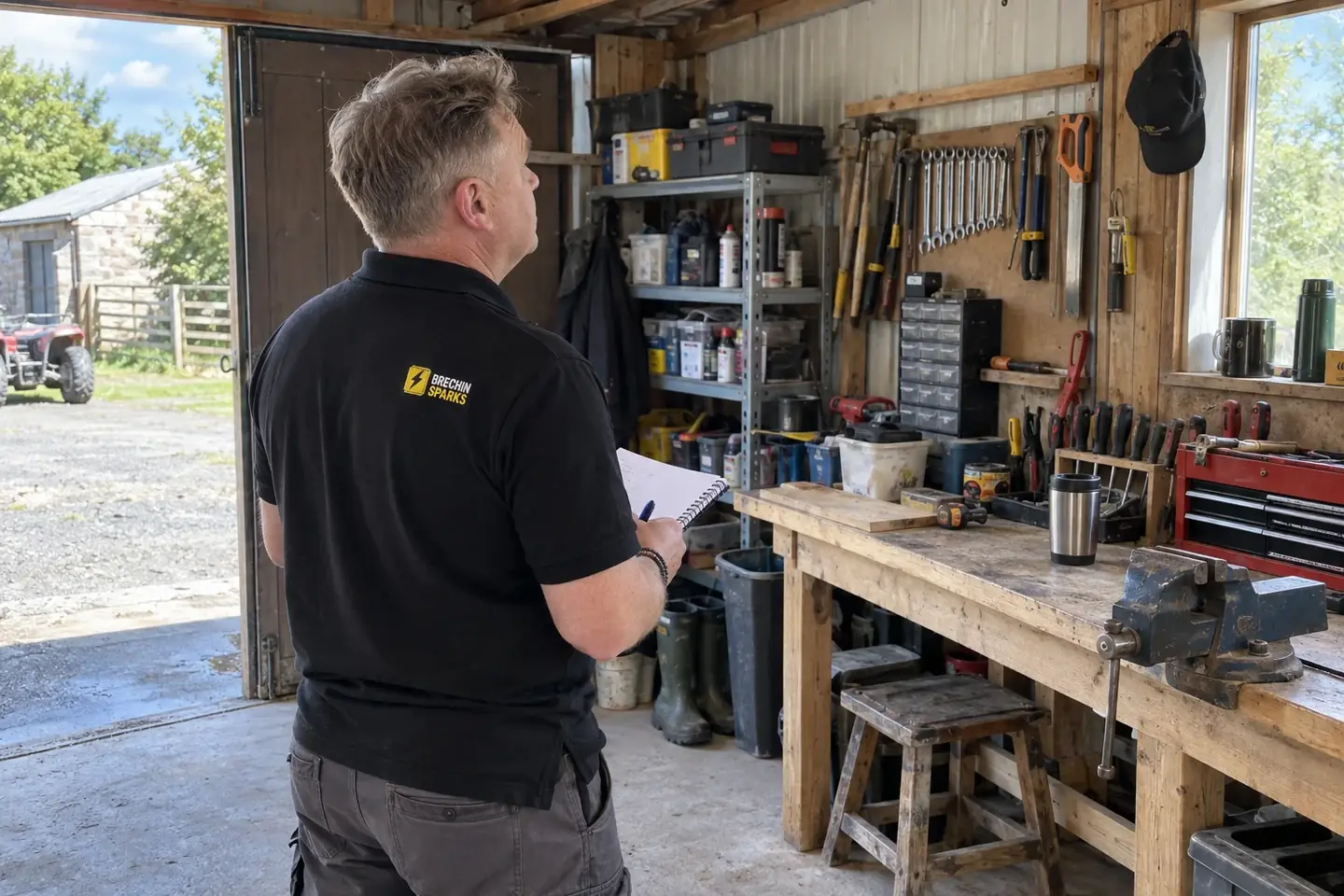 James assessing a workshop with a notebook
