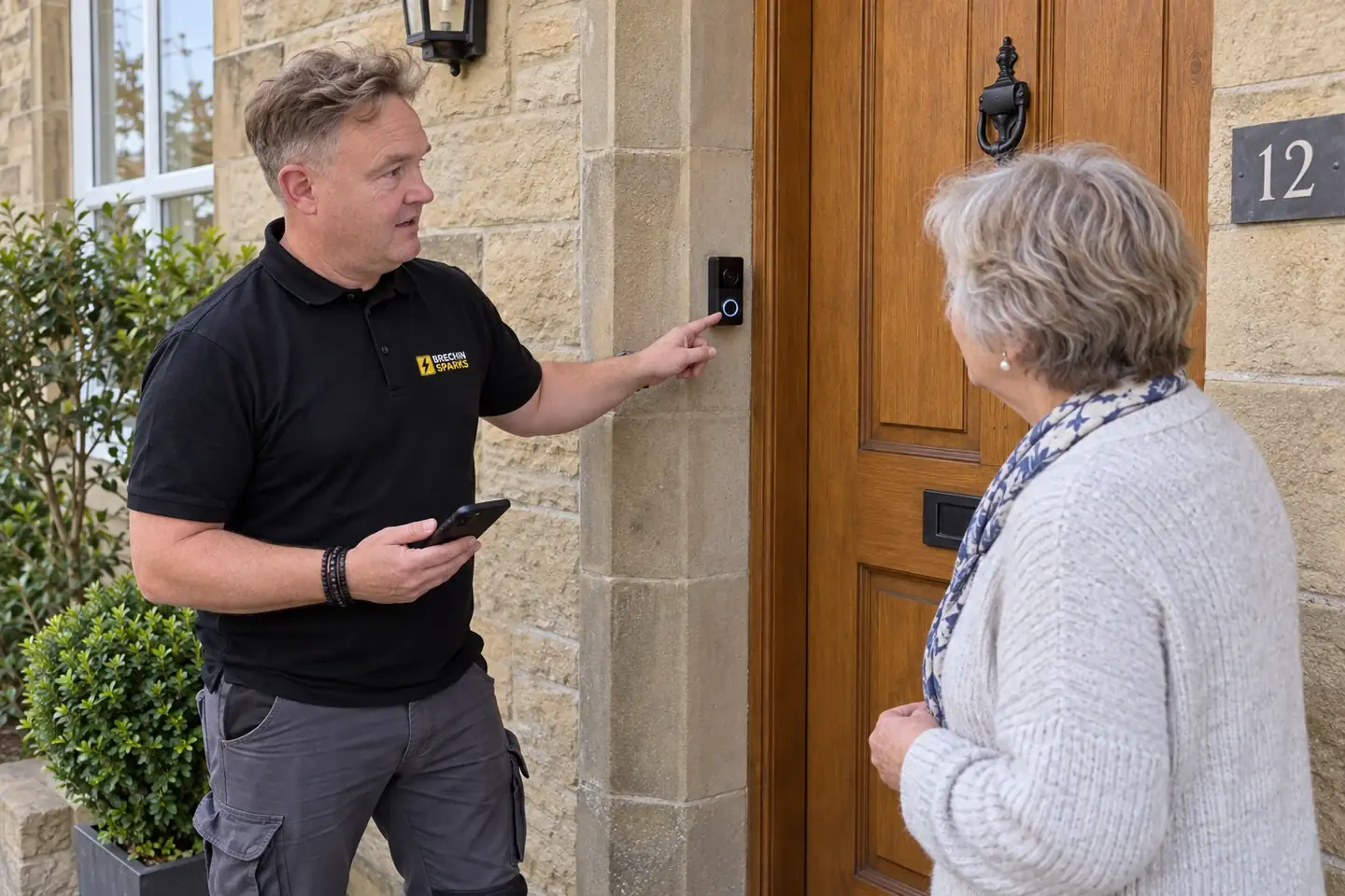 James explaining a video doorbell to a homeowner