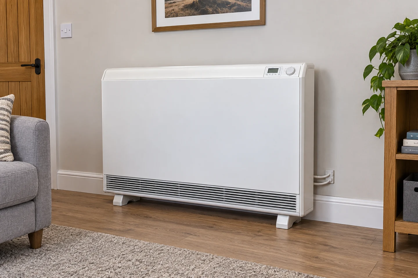 new high-retention storage heater on a living-room wall