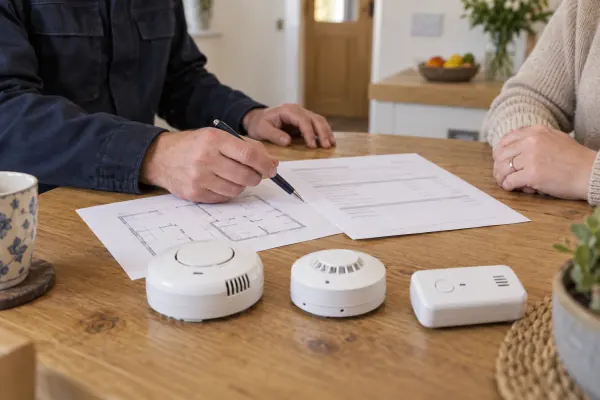 Alarm equipment and a quotation being reviewed with a homeowner
