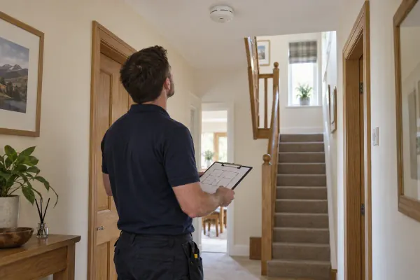 An electrician reviewing a hallway and its existing ceiling alarm