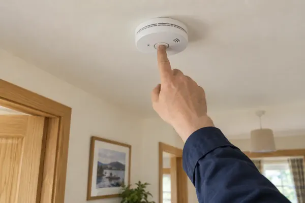 The test button being pressed on an installed smoke alarm