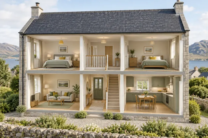 Cutaway view of a Scottish home showing the living room, hallway, stairs, kitchen, landing and bedrooms