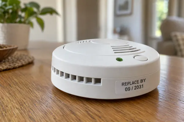 A smoke alarm with a visible replace-by date printed on its casing